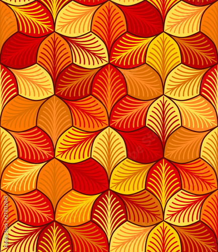 autumn stylized leaves with streaks. vector seamless pattern. simple repetitive background. textile paint. fabric swatch. wrapping paper. continuous print. orange yellow red colors