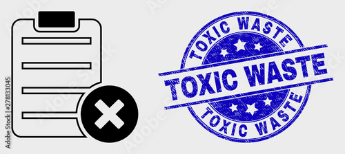 Vector stroke delete report page pictogram and Toxic Waste seal stamp. Blue round grunge seal stamp with Toxic Waste title. Black isolated delete report page symbol in stroke style.