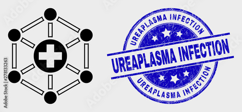 Vector outline medical links icon and Ureaplasma Infection seal stamp. Blue round grunge seal stamp with Ureaplasma Infection title. Black isolated medical links pictogram in linear style.