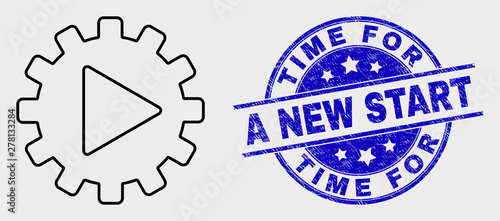 Vector stroke start gear automation icon and Time for a New Start stamp. Blue round grunge seal stamp with Time for a New Start caption. Black isolated start gear automation icon in linear style.