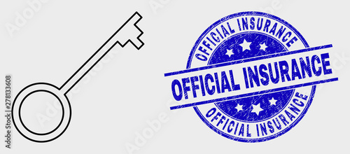 Vector outline key pictogram and Official Insurance watermark. Blue rounded grunge watermark with Official Insurance text. Black isolated key pictogram in linear style.