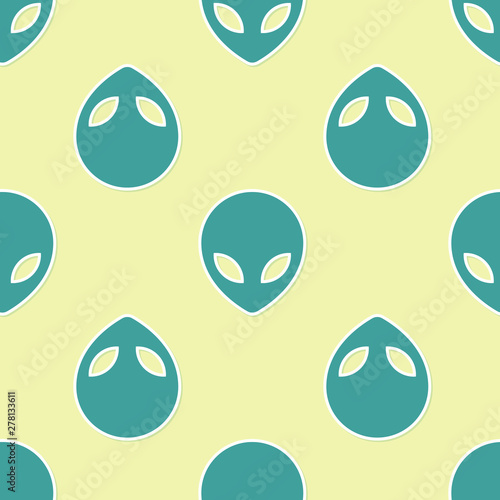 Green Alien icon isolated seamless pattern on yellow background. Extraterrestrial alien face or head symbol. Flat design. Vector Illustration