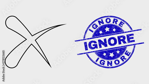 Vector line erase pictogram and Ignore stamp. Blue rounded textured stamp with Ignore caption. Black isolated erase pictogram in linear style.