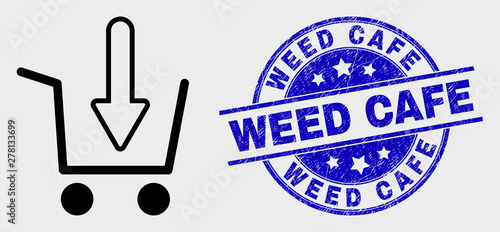 Vector stroke put shopping item icon and Weed Cafe seal stamp. Blue rounded grunge stamp with Weed Cafe phrase. Black isolated put shopping item icon in stroke style.