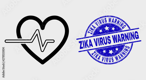 Vector contour heart pulse pictogram and Zika Virus Warning seal. Blue round grunge seal with Zika Virus Warning caption. Black isolated heart pulse pictogram in contour style.
