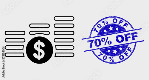 Vector line dollar coin stacks pictogram and 70% Off seal. Blue round textured seal with 70% Off phrase. Black isolated dollar coin stacks pictogram in linear style.