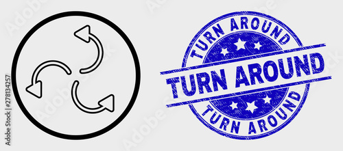 Vector linear cyclone arrows icon and Turn Around seal stamp. Blue rounded scratched seal stamp with Turn Around title. Black isolated cyclone arrows symbol in contour style.
