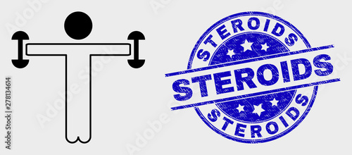 Vector stroke fitness person icon and Steroids seal. Blue rounded distress seal with Steroids message. Black isolated fitness person icon in stroke style.