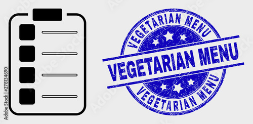 Vector stroke list items pad icon and Vegetarian Menu seal. Blue round grunge seal stamp with Vegetarian Menu title. Black isolated list items pad icon in stroke style.
