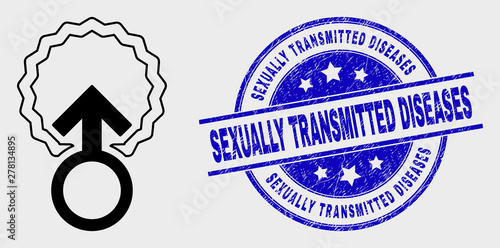 Vector contour insemination icon and Sexually Transmitted Diseases seal stamp. Blue rounded scratched seal stamp with Sexually Transmitted Diseases message.