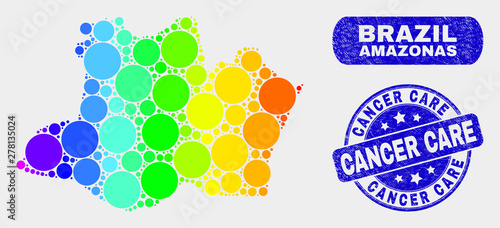 Spectral dot Amazonas State map and stamps. Blue round Cancer Care scratched stamp. Gradiented spectral Amazonas State map mosaic of random round spots. Cancer Care stamp with distress texture.