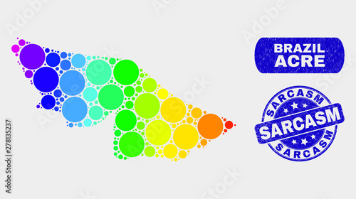 Rainbow colored spotted Acre State map and rubber prints. Blue rounded Sarcasm grunge stamp. Gradiented rainbow colored Acre State map mosaic of scattered round elements.
