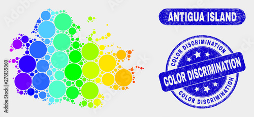 Rainbow colored dotted Antigua Island map and watermarks. Blue rounded Color Discrimination grunge seal stamp. Gradiented rainbow colored Antigua Island map mosaic of random round spots.