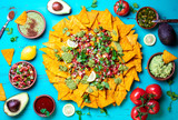 Nachos. Mexican food concept. Yellow corn totopos chips with different sauces salsas - pico del gallo, guacamole, salsa verde, chili pebre and on wooden blue background, top view.