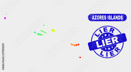 Spectral spotted Azores Islands map and rubber prints. Blue round Lier grunge seal. Gradiented spectral Azores Islands map mosaic of scattered round dots. Lier stamp with dirty texture.