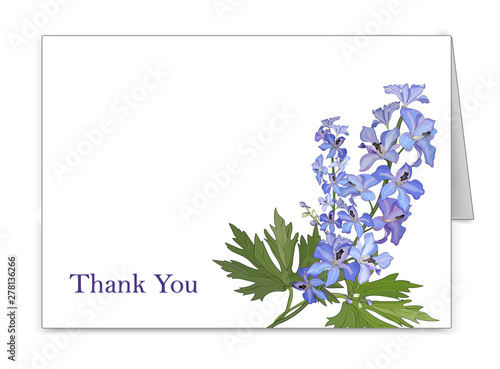 Postcard horizontal with a bouquet of flowers delphinium. Vector