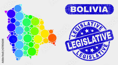 Rainbow colored spotted Bolivia map and watermarks. Blue rounded Legislative textured seal stamp. Gradiented rainbow colored Bolivia map mosaic of randomized small spheres.