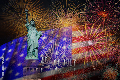 Statue of Liberty with Independence day 4th july text over the Multicolor Fireworks Celebrate with the United state of America USA flag background