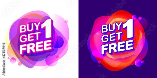 Buy 1 Get 1 Free, sale tag with fluid pink neon color circle abstract shape background