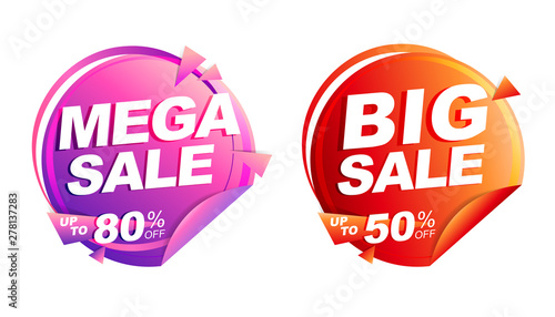 mega sale, big sale up to 50% off isolated vector illustration, discount tag price, red and pink circle design banner