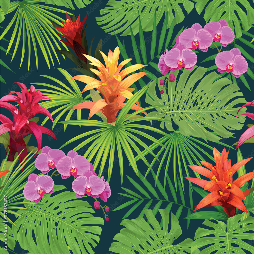 Naklejka Seamless tropical pattern with guzmania flowers, orchid and palm leaves background. Vector set of exotic tropical garden for holiday invitation, greeting card and textile fashion design.