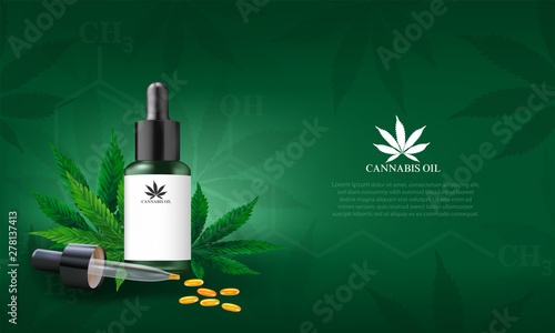 Marijuana or Cannabis Leaf background. Hemp oil and cannabis leaf on green background. Healthy cannabis oil, vector illustration.
