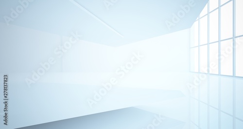 Abstract white minimalistic architectural interior with window. 3D illustration and rendering.