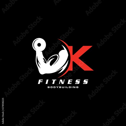 Letter K Logo With barbell. Logo design for gym and fitness.