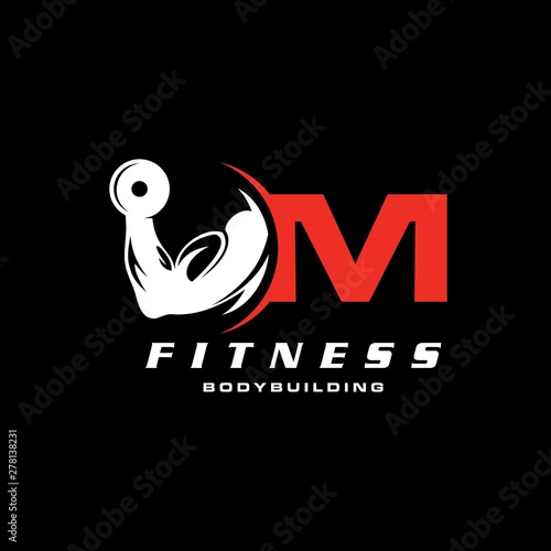 Letter M Logo With barbell. Fitness Gym logo. Vector logo design.