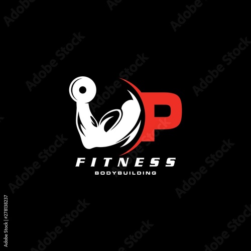 Letter P Logo With barbell. Logo design for gym and fitness.