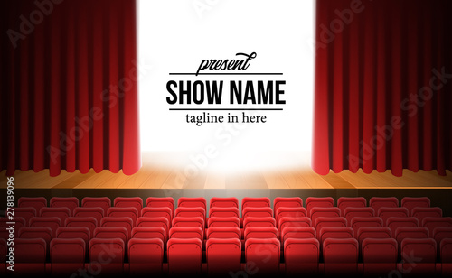 front view theater movie stage with red curtain and wood floor and empty red seats