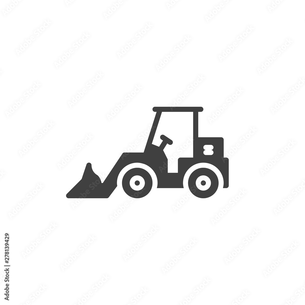 Tractor loader excavator vector icon. filled flat sign for mobile concept and web design. Front loader glyph icon. Construction machine symbol, logo illustration. Vector graphics Tractor loader excavator vector icon. filled flat sign for mobile concept and web design. Front loader glyph icon. Construction machine symbol, logo illustration. Vector graphics