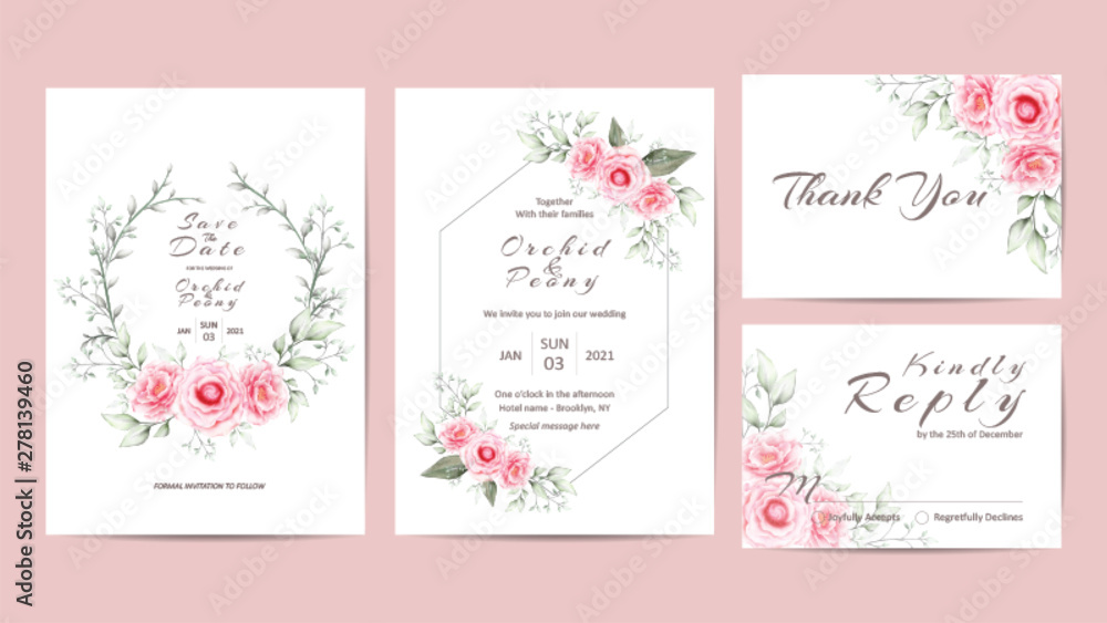Elegant wedding invitation template set of watercolor peonies