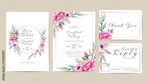 Beautiful Wedding Invitation Set of Roses and Anemone Flowers