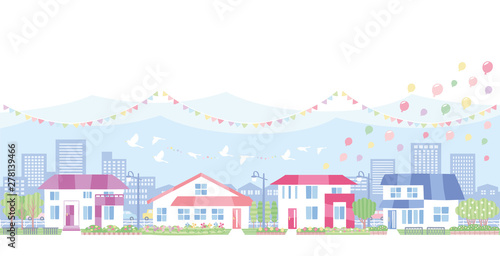 住宅街・風船・旗