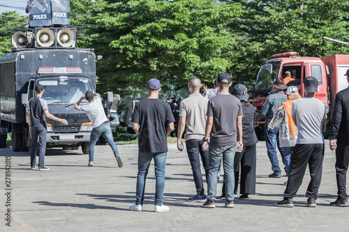 Photography Protest against ,Police concept,Thailand's police training to prevent evil to public safety, Lampang, Thailand, on June 21, 2019