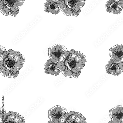 Pattern with monochrome poppies flower pattern for print design. Vintage monochrome seamless texture. Beauty style. Trendy decor. Vector art.