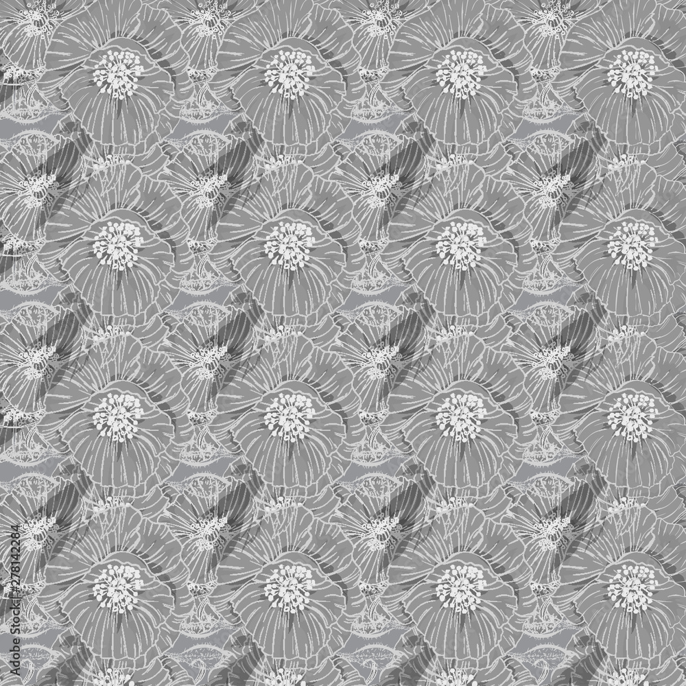 Pattern with monochrome poppies flower pattern for print design. Vintage monochrome seamless texture. Beauty style. Trendy decor. Vector art.