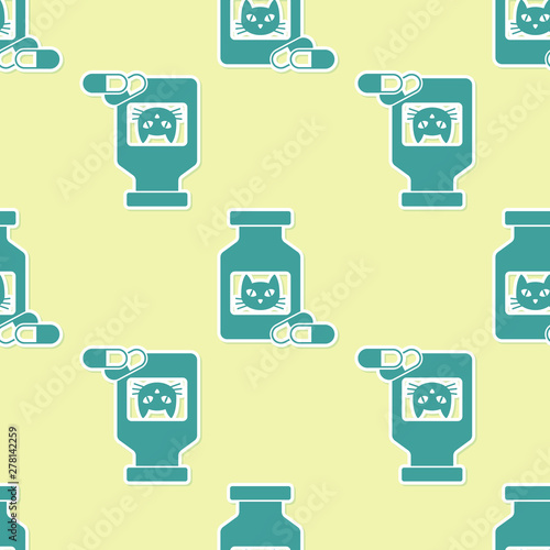 Green Cat medicine bottle and pills icon isolated seamless pattern on yellow background. Container with pills. Prescription medicine for animal. Vector Illustration