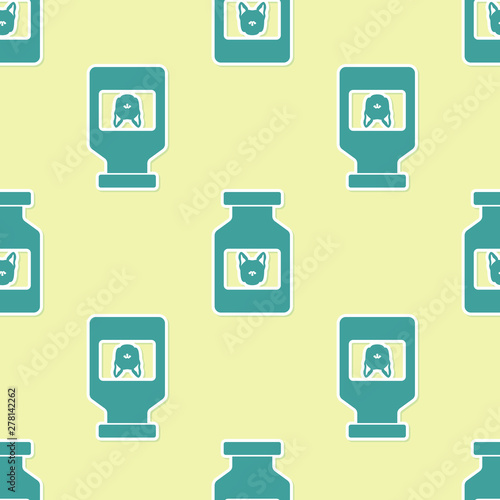Green Dog medicine bottle icon isolated seamless pattern on yellow background. Container with pills. Prescription medicine for animal. Vector Illustration