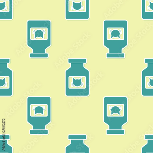 Green Cat medicine bottle icon isolated seamless pattern on yellow background. Container with pills. Prescription medicine for animal. Vector Illustration