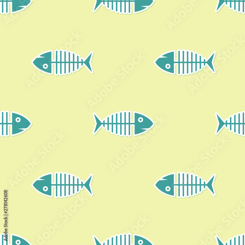 Green Fish skeleton icon isolated seamless pattern on yellow background. Fish bone sign. Vector Illustration