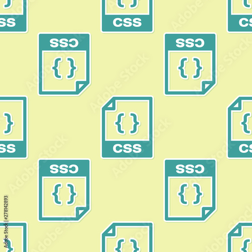 Green CSS file document icon. Download css button icon isolated seamless pattern on yellow background. CSS file symbol. Vector Illustration
