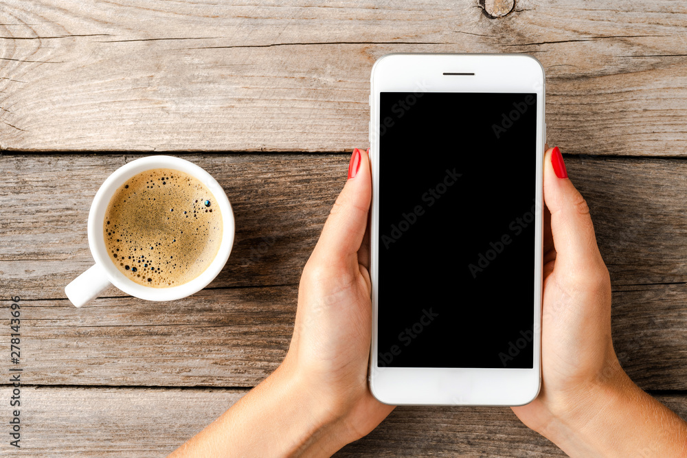 Woman's hands holding smart phone with empty screen.