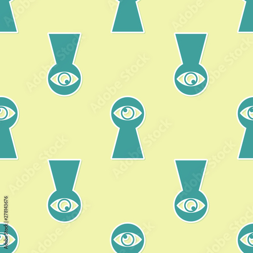 Green Keyhole with eye icon isolated seamless pattern on yellow background. The eye looks into the keyhole. Keyhole eye hole. Vector Illustration