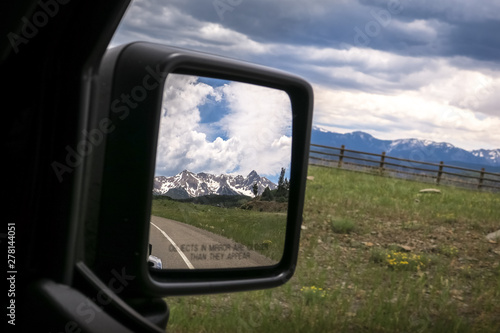 Mt Wilson & Snowy Rocky Mountains in Side View Mirror - Colorado Road Trip