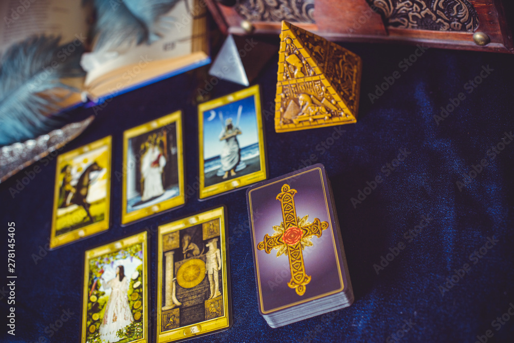 Europe, Ukraine. Kiev July 17: Illustrative Editorial. Mystical atmosphere, view of tarot card on the table, esoteric concept, fortune telling and predictions 