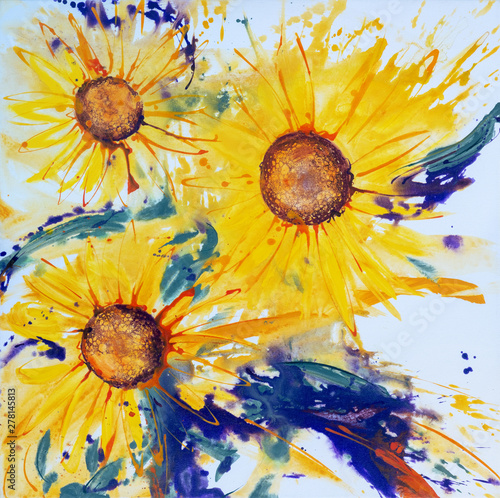Illustration of three modern ornately painted sunflower