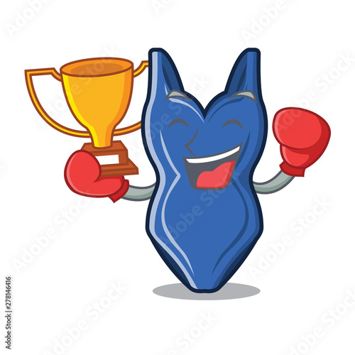 Boxing winner swimsit on a mascot wood table