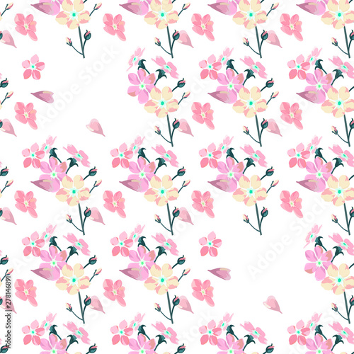 gentle little flowers and petals flying aside the botanical pattern of small colored wildflowers